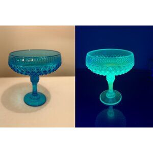 Indiana Glass Diamond Point Capri Blue Compote – UV Reactive Pedestal Candy Dish